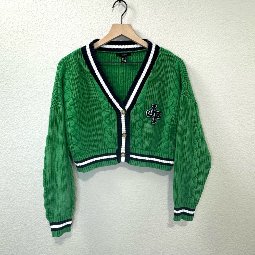 Green Cropped Cable Knit Varsity Cardigan w/ JP Patch – Size M